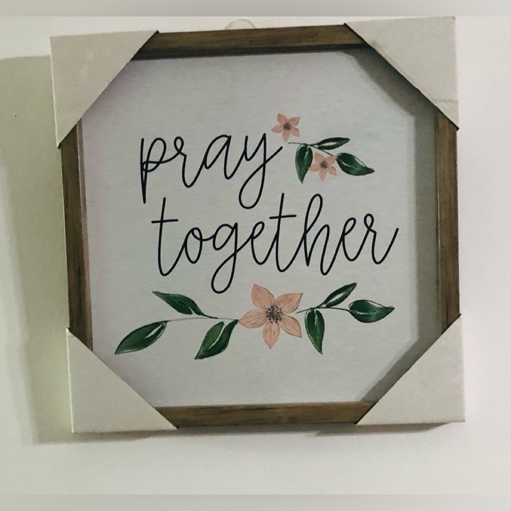 Wall wood frame decor Pray Together sun flowers graphic. 14” X 14”